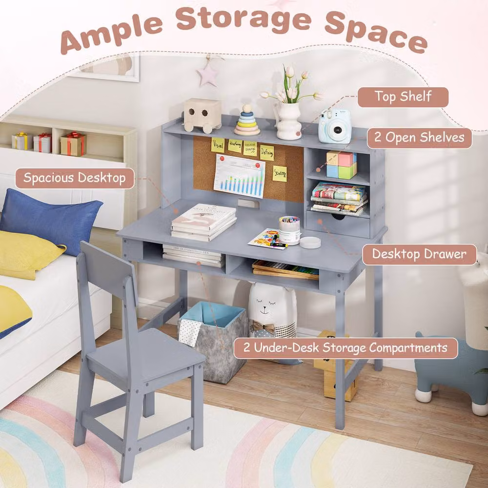 CASART Kids Wooden Study Table and Chair Set with Hutch and Shelves in Grey – 3