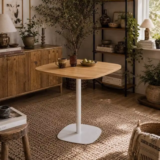 Wyld Haus Levadi Square Dining Table with Natural Wood Veneer Top and White Steel Base, W/D/H: 60 x 60 x 75 cm