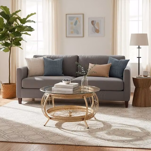 Orsina Modern Round Glass and Metal Coffee Table in Gold, W/D/H: 80 x 80 x 46 cm – 2