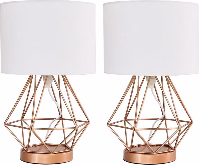 Melrose Modern Touch Table Lamps, Set of 2, White and Copper Metal with Fabric Cylinder Shades