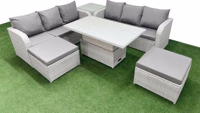 Fimous 8 Seater Grey Wicker Rattan Garden Furniture Set with Adjustable Lifting Dining or Coffee Table and High Back Lounge Sofas – 1