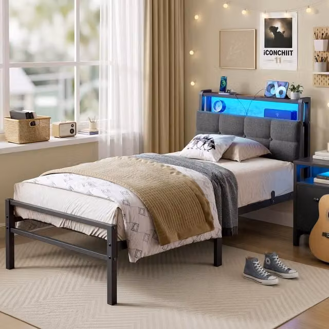VASAGLE Single Bed Frame with LED Lights, USB Charging Port and 2-Tier Storage, Black/Grey/Brown, W/D/H: 90 x 190 cm