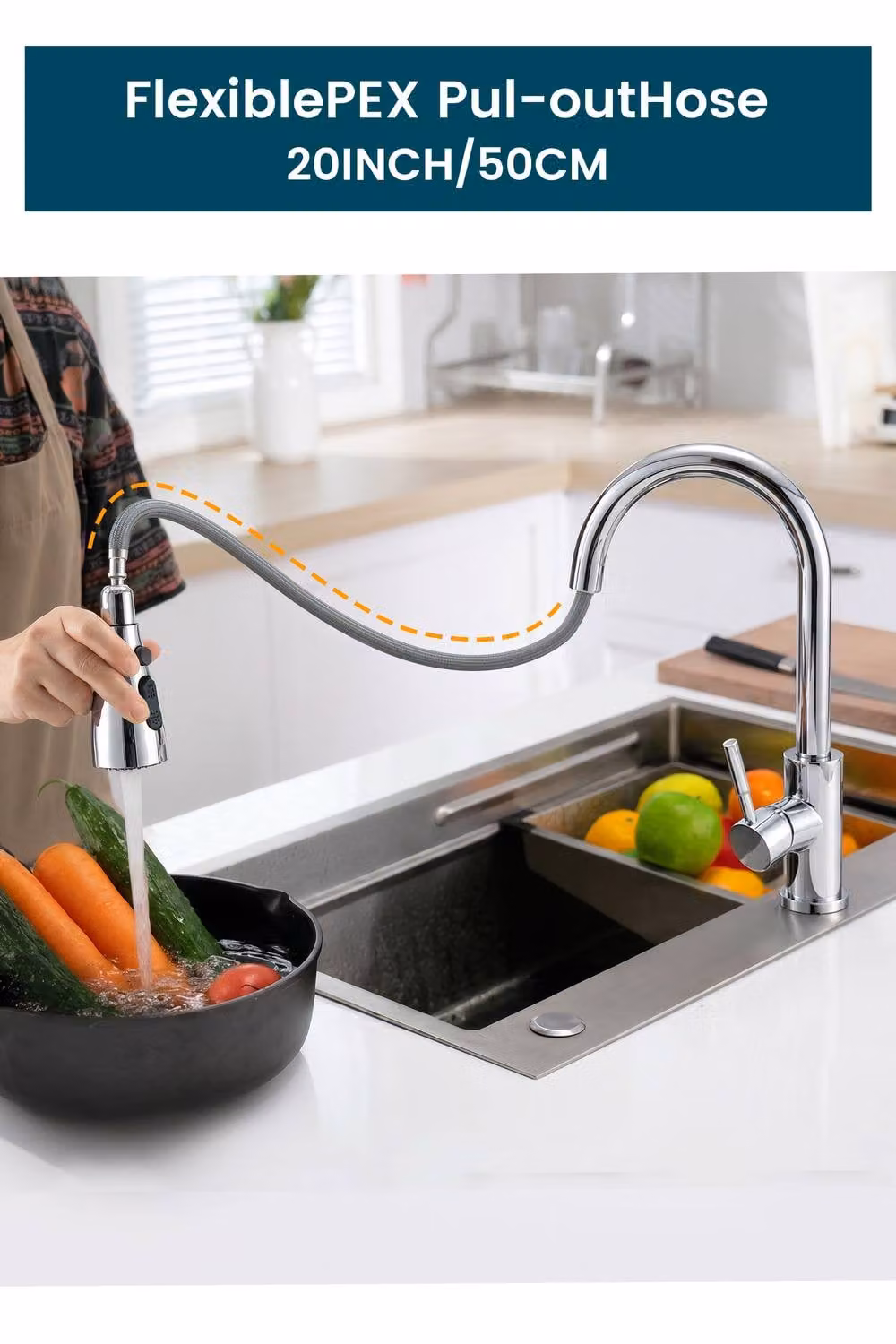 JANLEMNY Silver Kitchen Mixer Tap with Pull-Out Sprayer, 360 Degree Swivel Spout and Single Lever Control, W: 1000 mm, D: 400 mm – 3