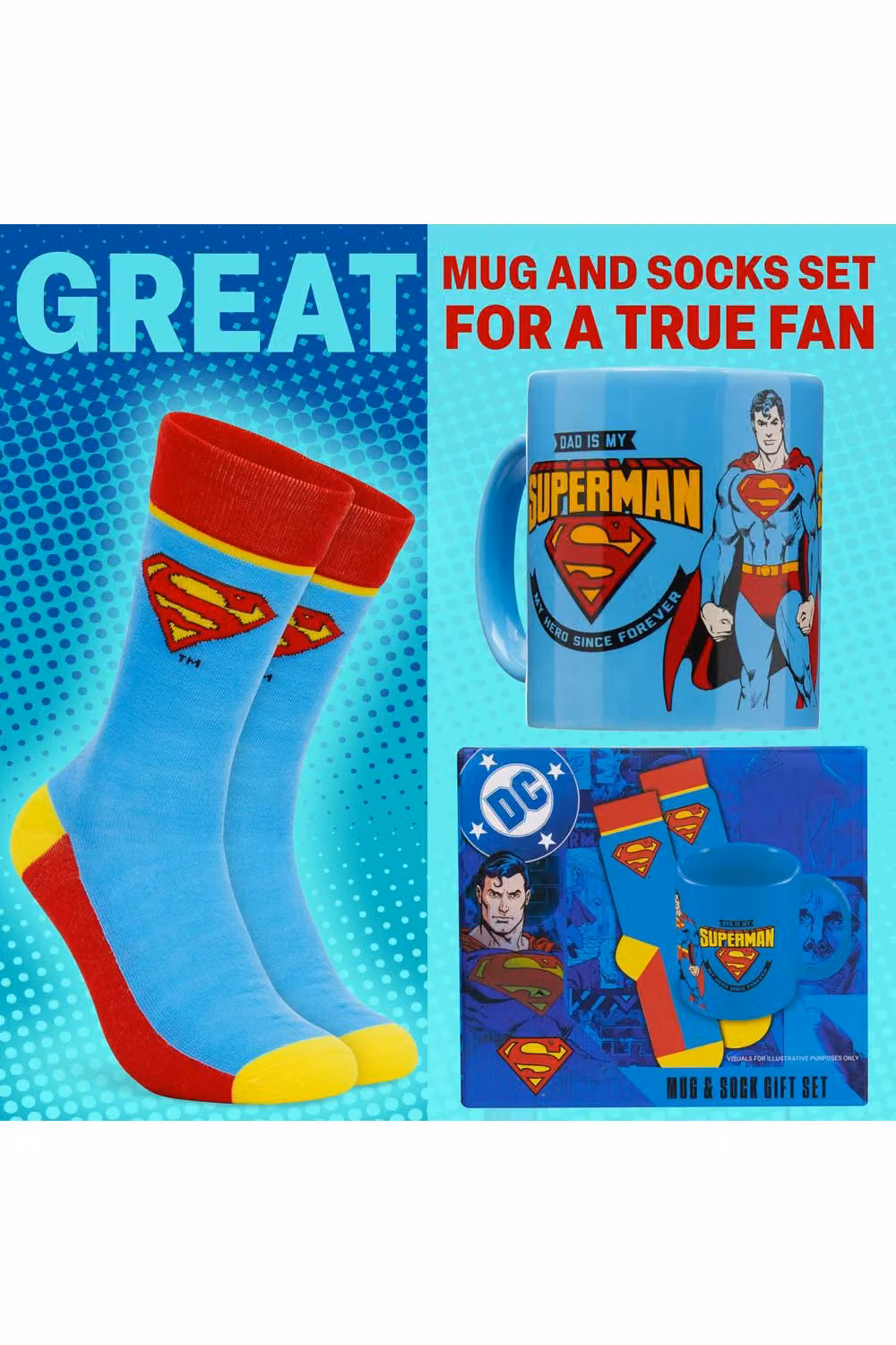 DC Comics Superman Mug and Calf Socks Set in Blue and Red, 315ml – 7
