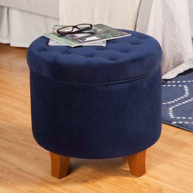 Terrys Blue Velvet Cylindrical Chesterfield Ottoman Footstool