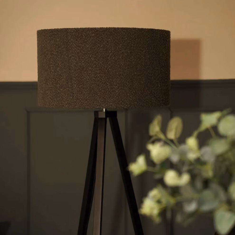 ValueLights Barbro Black Wood Tripod Floor Lamp with Grey Reni Boucle Shade, H: 130 cm – 3