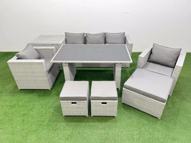 Fimous Garden Furniture Set with Black Glass Top Oval Dining Table and 3 Seater Light Grey Polyrattan Sofa