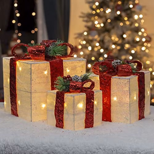 The Christmas Workshop Set of 3 Light-Up Christmas Boxes with Red Bow, White and Red, featuring 65 Warm White LED Lights and Timer Functionality – 1