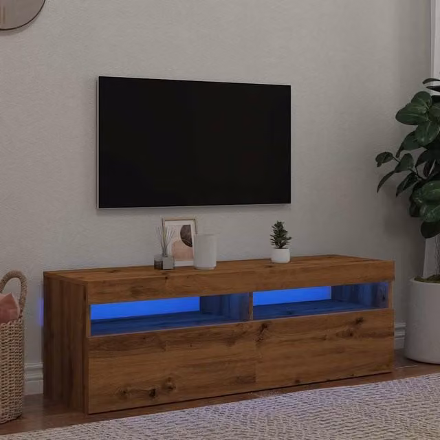 Berkfield Home Modern TV Cabinet with LED Lights in Artisan Oak Brown, W/D/H: 120 x 35 x 40 cm – 1