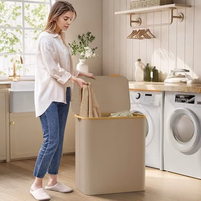 SONGMICS Extra Large 3-Section Collapsible Laundry Hamper with Bamboo Handles, Beige, W/D/H: 120 x 70.5 x 60 cm