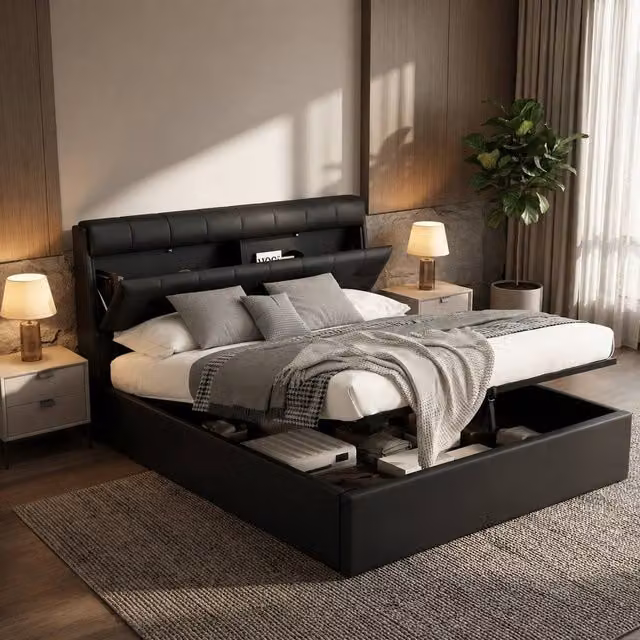 Merax Double Upholstered Ottoman Storage Bed with Headboard in Black, W/D/H: 140 x 200 x 135 cm – 1