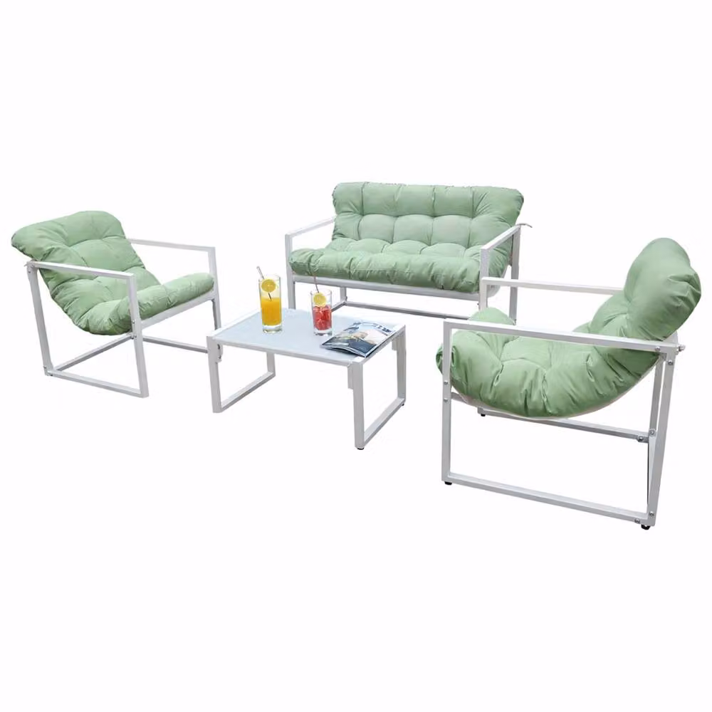 Neo 4 Piece Outdoor Metal Patio Furniture Set with Cushions and Glass Table in Green – 5