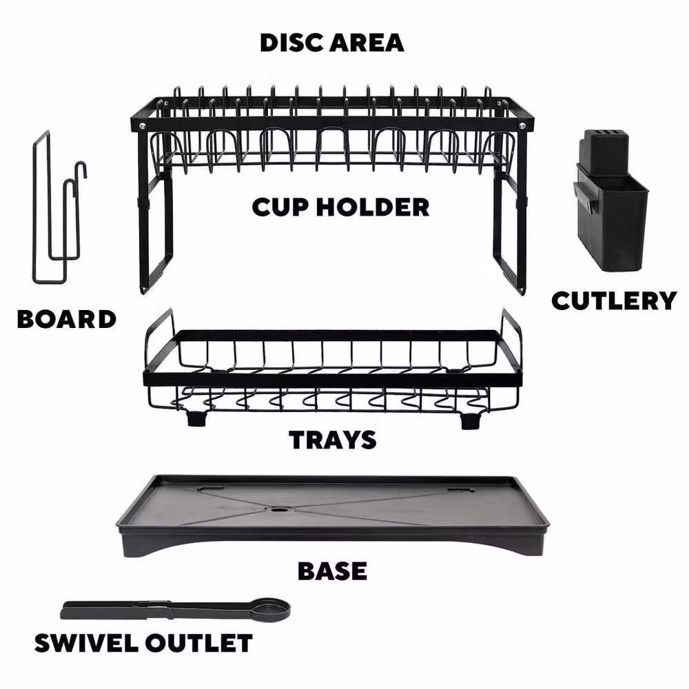 NESTLUNE 2 Tier Dish Drying Rack with Cutlery Holder and Plate Stand, Black, W: 100 cm, D: 15 cm, H: 15 cm – 3
