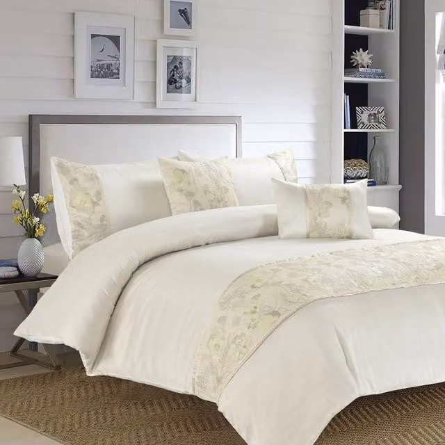 Homes-Linen Savanna Premium Embroidered Duvet Cover and Pillowcase Set, Beige Polyester Bedding, W/D/H: 90 x 200 cm – 1