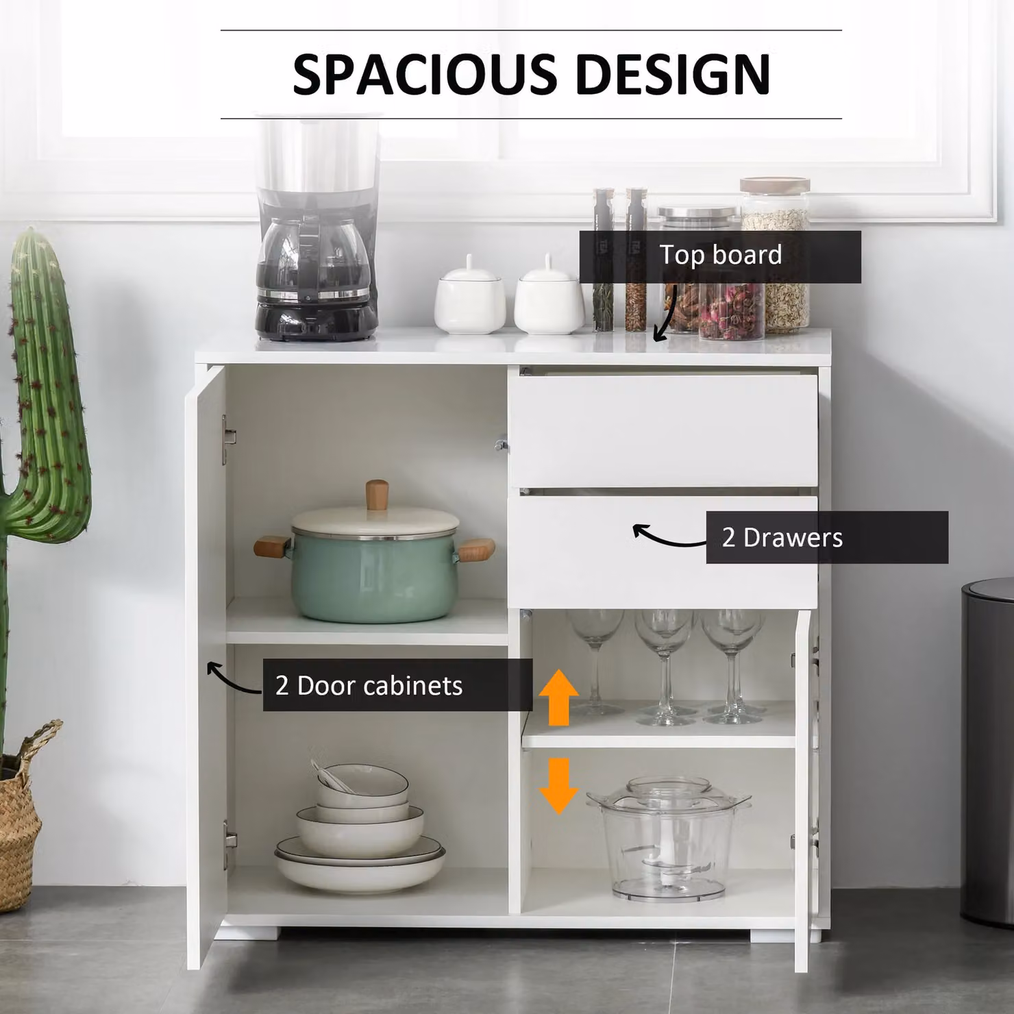 HOMCOM Glossy White Push-Open Side Cabinet with 2 Drawers and 2 Doors – 4