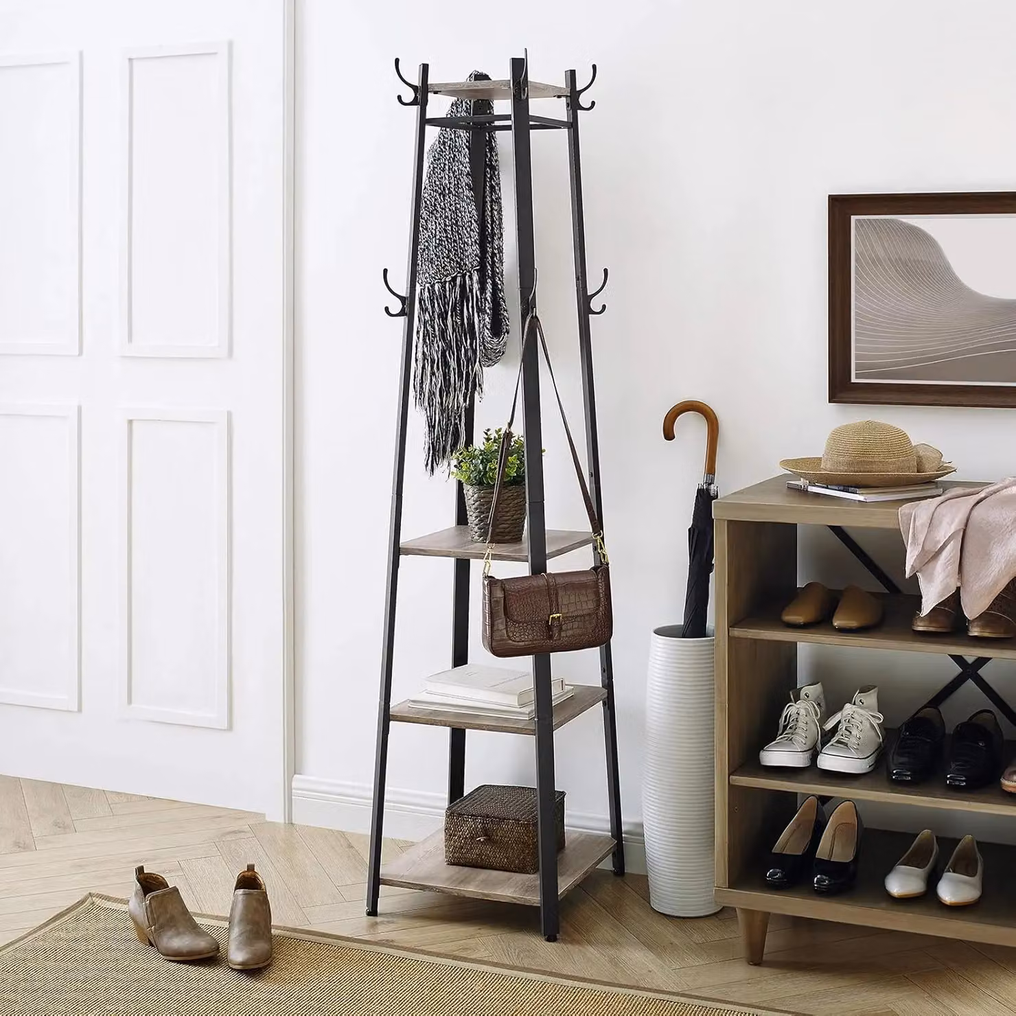 VASAGLE Industrial Coat Stand with 3 Shelves and Hooks in Fawn – 2