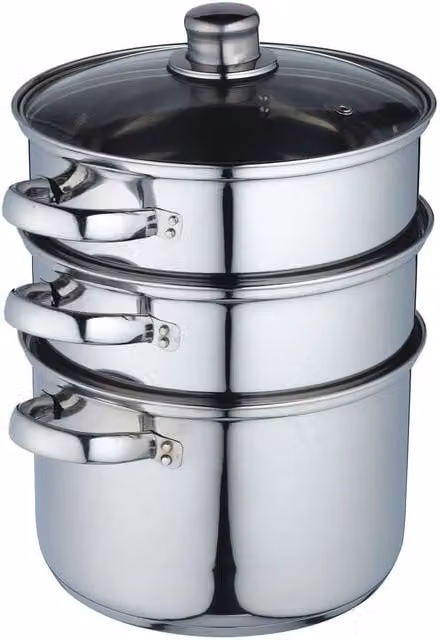 KitchenCraft Stainless Steel Three Tier 22cm Steamer Pot in Grey with Glass Lid