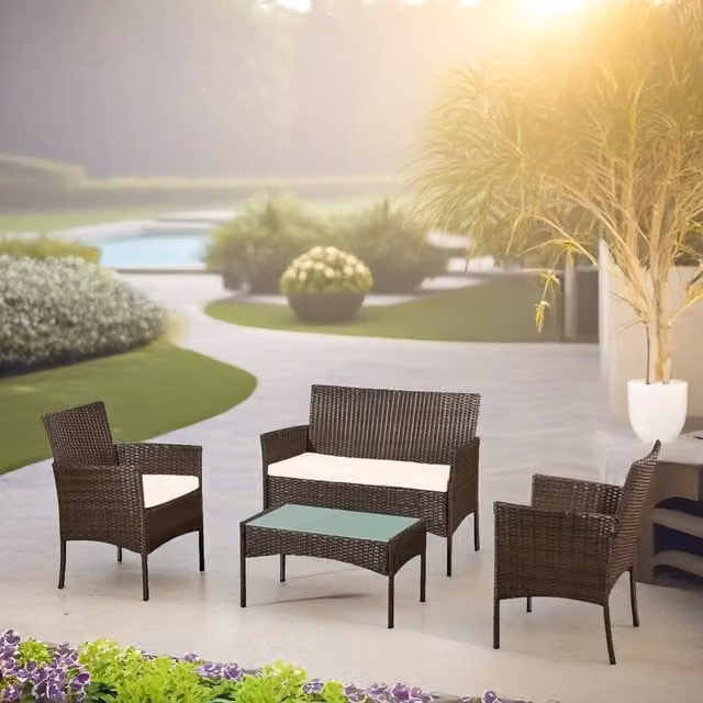 FURNOS Modern Brown Wicker Rattan Garden Bistro Furniture Set with Glass Top for 4 Adults