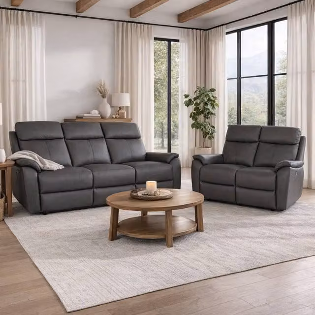 Aspire Kingsmere 3 + 2 Power Recliner Sofa Set in Charcoal Real Leather with USB Charging – 1
