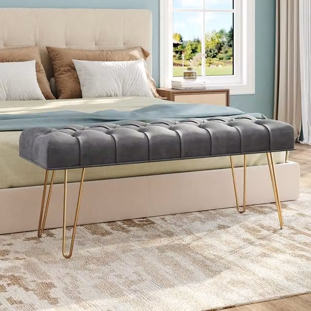 Lifeideas Grey Velvet Button Tufted Bench Seat with Gold Metal Legs