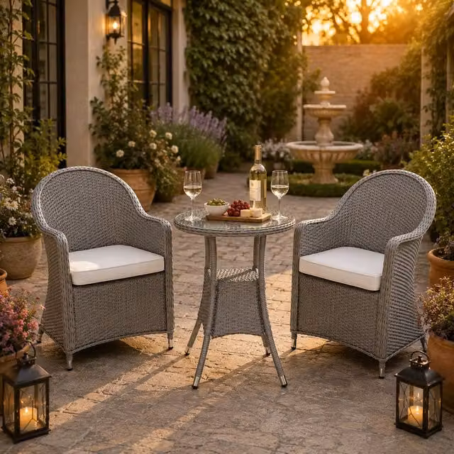 Shatchi Sorrento 3-Piece Rattan Bistro Garden Dining Set with Round Glass Table and 2 Chairs in Beige and Sand