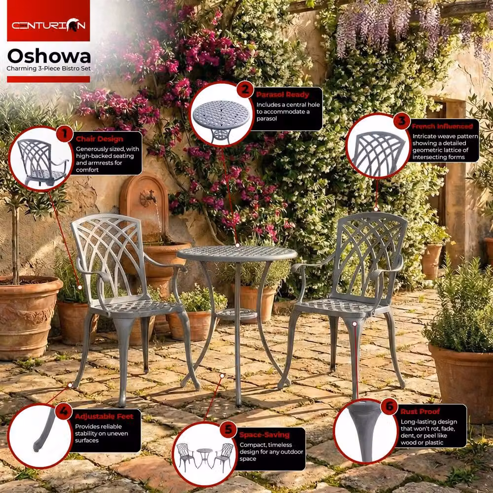 Centurion Supports OSHOWA Cast Aluminium Bistro Set with Round Table and 2 Chairs in Grey – 4