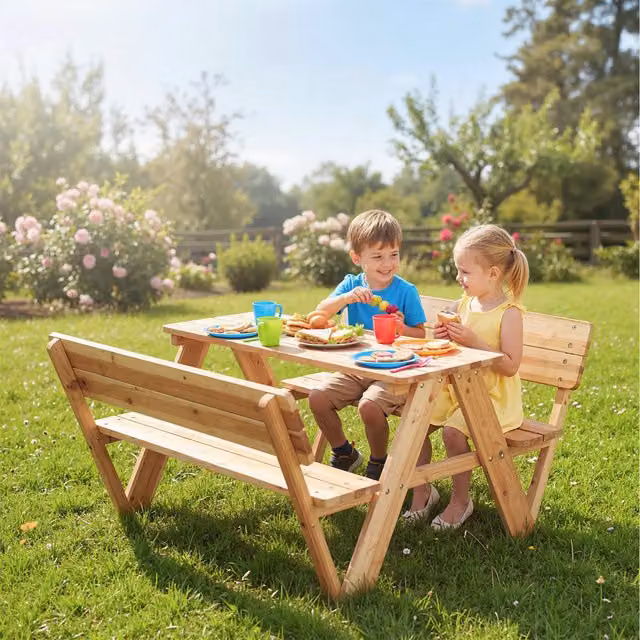 Costway Toddler Outdoor Activity Table and Chair Set in Brown Wood