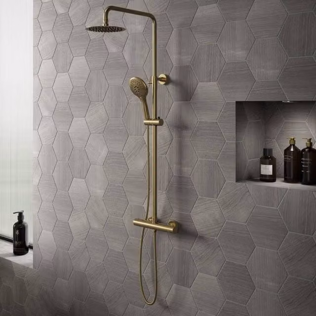 Bathroom Kingdom Menai Exposed Thermostatic Shower Set with Rain Overhead Shower and Hand Shower in Brushed Brass Gold