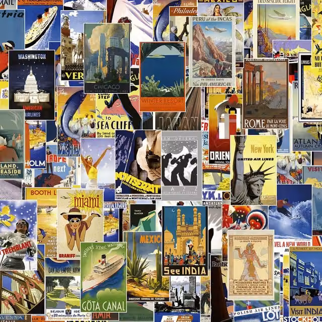 Vintage Travel Poster Wall Mural in Blue and Multicolour