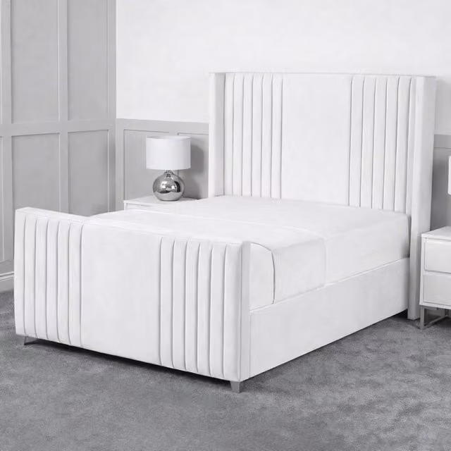 Living Comfort Bedz Emilia White Velvet Upholstered Gas Lift Storage Bed with 48 Inch Headboard, Super King, 200 x 200 cm