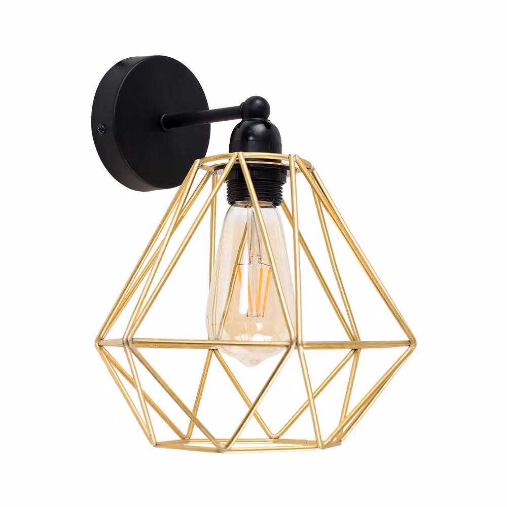 MiniSun Industrial Steampunk Satin Black Pipework Single Wall Light with Gold Metal Basket Cage Shade – 2