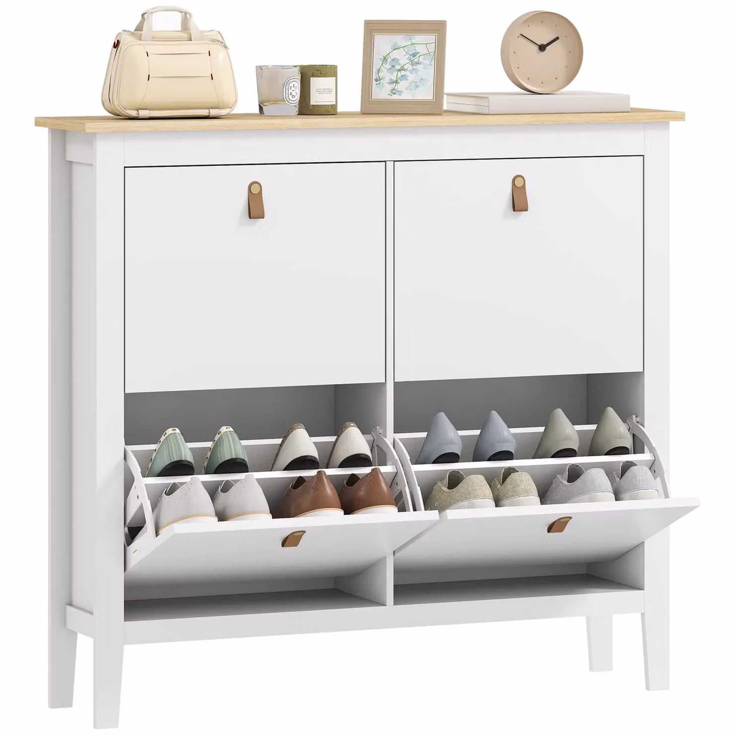 HOMCOM Modern White Shoe Cabinet with Tilting Compartments and Hinged Doors for Hallways – 2