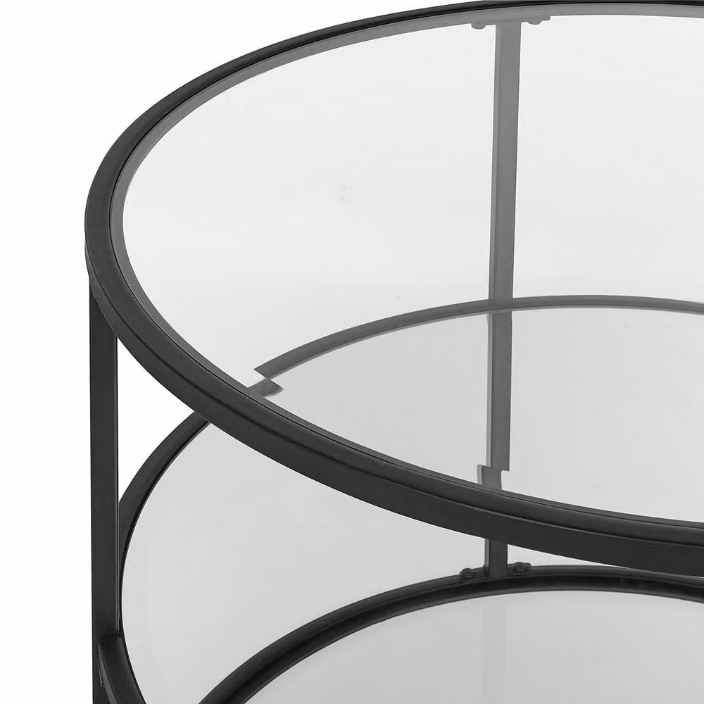 Wyld and Coco Round Tempered Glass Coffee Table with Black Iron Frame and Mirrored Shelf, Diameter: 70 cm, Height: 40 cm – 4