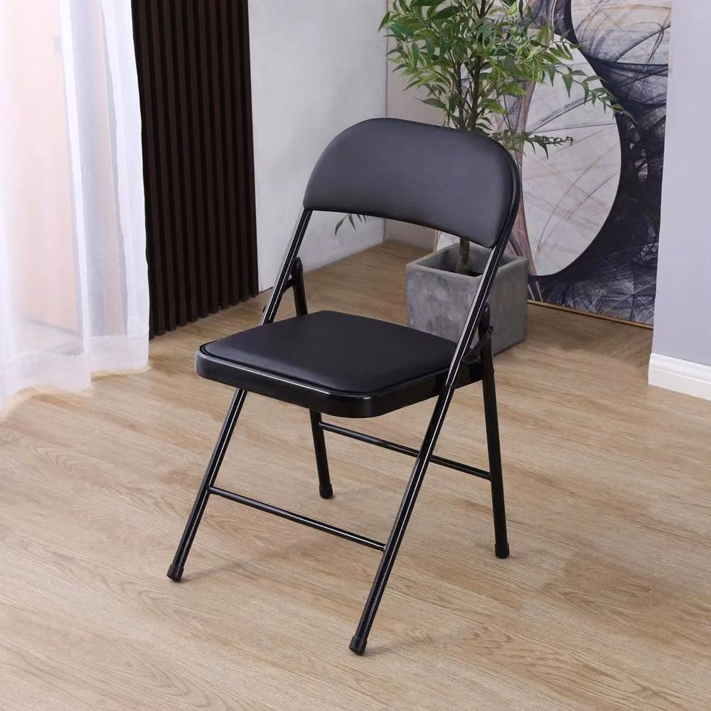 VOGREX Set of 4 Black Cushioned Folding Chairs with Metal Frame and Synthetic Leather Upholstery – 4