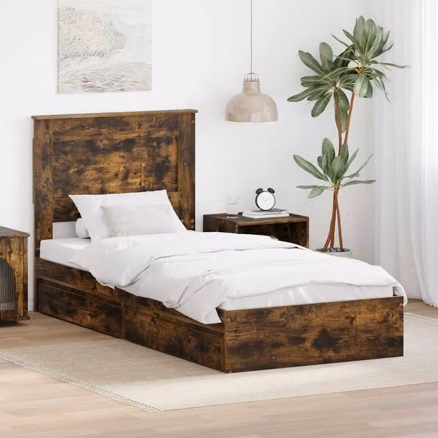 Berkfield Home Modern Storage Bed with Drawer in Smoked Oak Brown, W/D/H: 90 x 190 cm