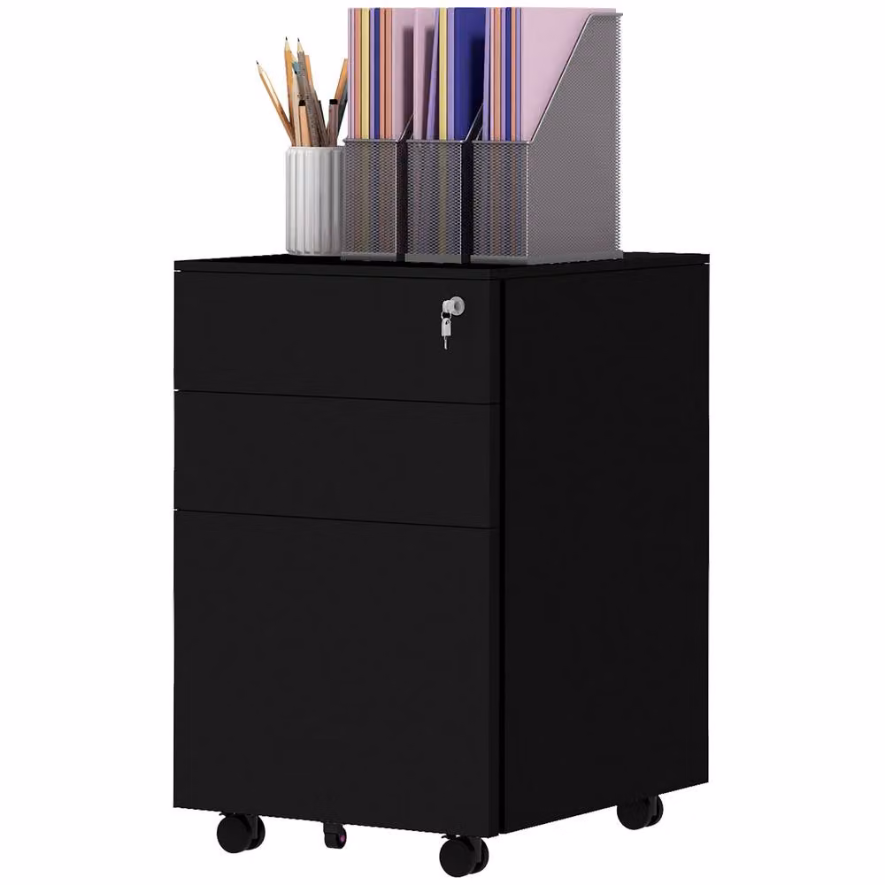 ERGOVEXA Modern Black Metal 3-Drawer Vertical Filing Cabinet with Lock and Castors, W/D/H: 30.0 x 37.0 x 43.5 cm – 2
