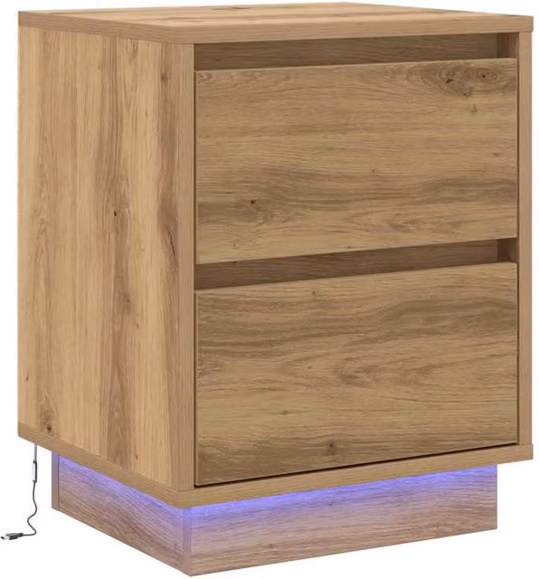 Berkfield Home Bedside Cabinet in Artisan Oak with Integrated LED Lights and Soft Close Drawers, W/D/H: 39 x 34.5 x 50 cm