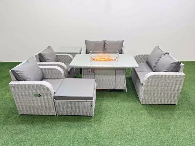 Fimous 7 Seater Rattan Garden Furniture Set with Reclining Love Sofa, Firepit Dining Table, Footstool and Side Table in Light Grey