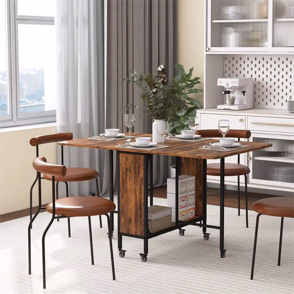 KORVIXA Rustic Brown Extendable Rectangular Wood Dining Table with Castors – 3