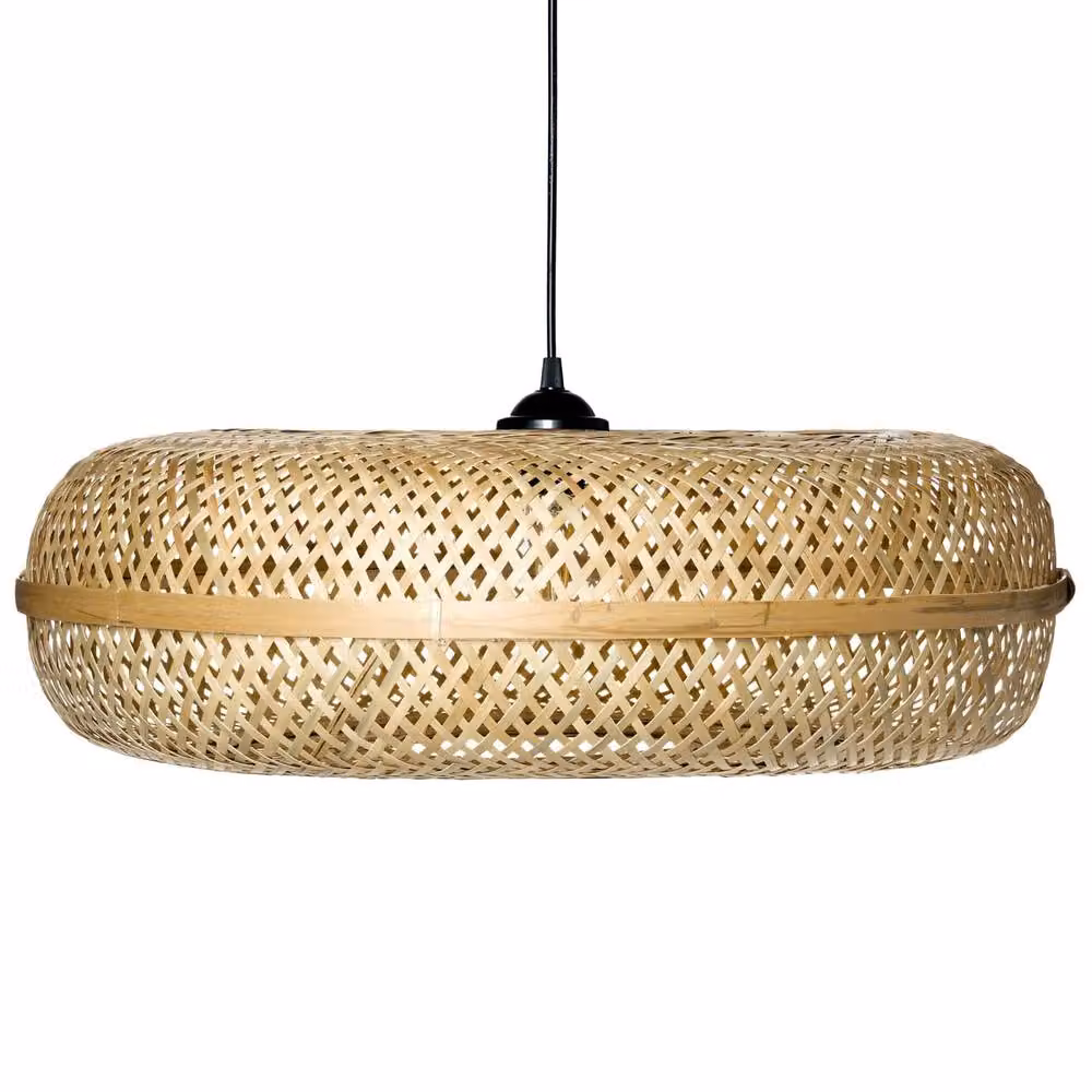 Wyld and Coco Round Boho Pendant Lamp with Handwoven Natural Bamboo Shade in Brown and Beige – 2