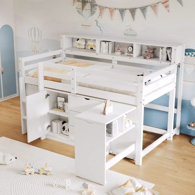 Matteo White Single Solid Wood Storage Bed with Pull-Out Desk and Drawers W/D/H: 90 x 190 cm