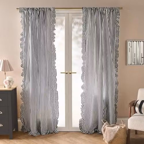 OHS Stripe Frill Voile Net Curtain Pair in Black and White, W/D/H: 140 x 140 x 220 cm