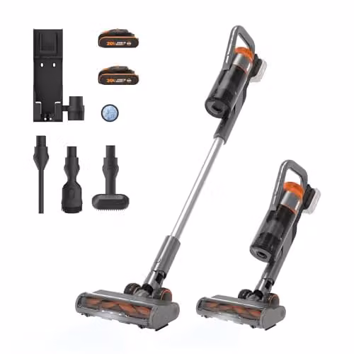 WORX WX038 20V PowerShare Cordless Bagless Stick Vacuum Cleaner in Silver with LED Headlight and Spare Battery – 1