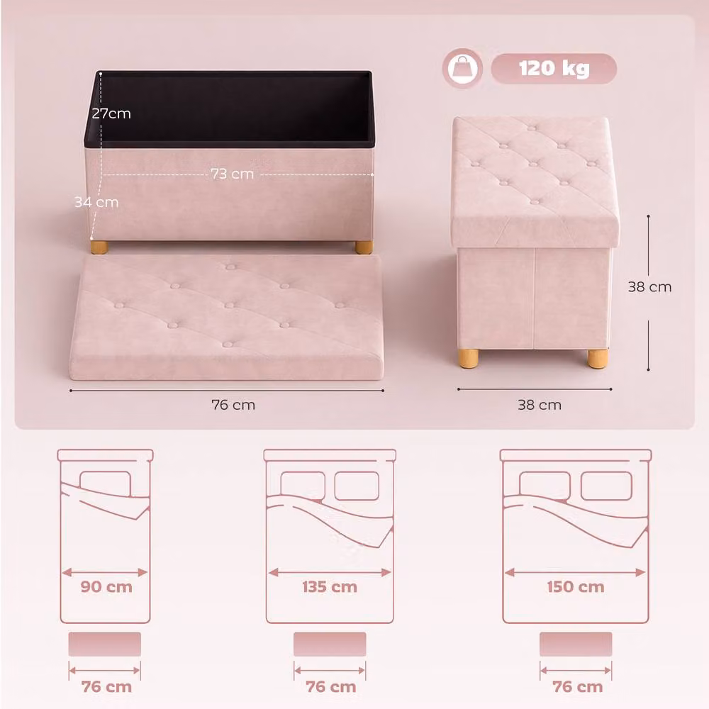 HOMCOM Pink Velvet Upholstered Foldable Storage Ottoman with Rubberwood Legs, W/D/H: 120 x 34 x 38 cm – 2