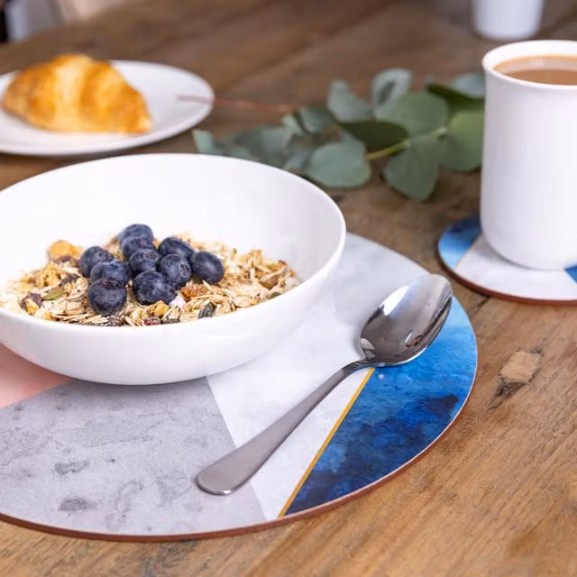 Creative Tops Geometric Palette Pack of 4 Round Premium Cork Placemats in Multicolour Pink, Blue and Grey