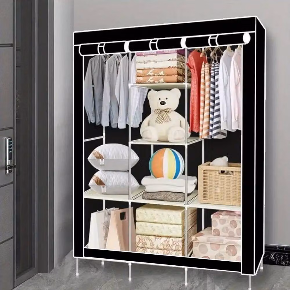 PAWNORA Canvas Clothes Storage Wardrobe with Hanging Rail and Shelving, Black – 5
