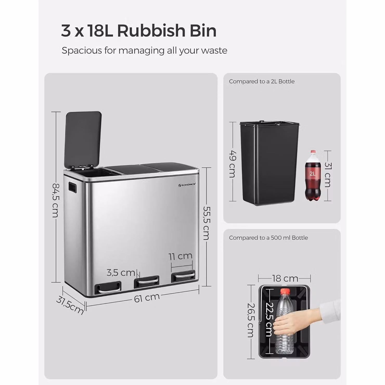 SONGMICS Triple Kitchen Recycling Bin with 3 Compartments, Soft-Close Steel Flip Lid and Removable Inner Buckets, Silver – 2