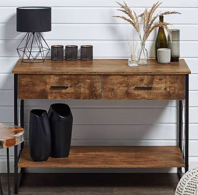 Wyld and Coco Industrial Console Table with 2 Drawers and Open Shelf, Dark Brown and Black, W/D/H: 107 x 46 x 76 cm – 1