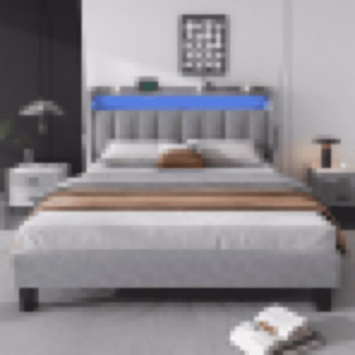 Matteo Grey Velvet Upholstered Double Bed with Under-Bed LED Lighting and USB Charging Ports, W: 135 cm, L: 190 cm – 2