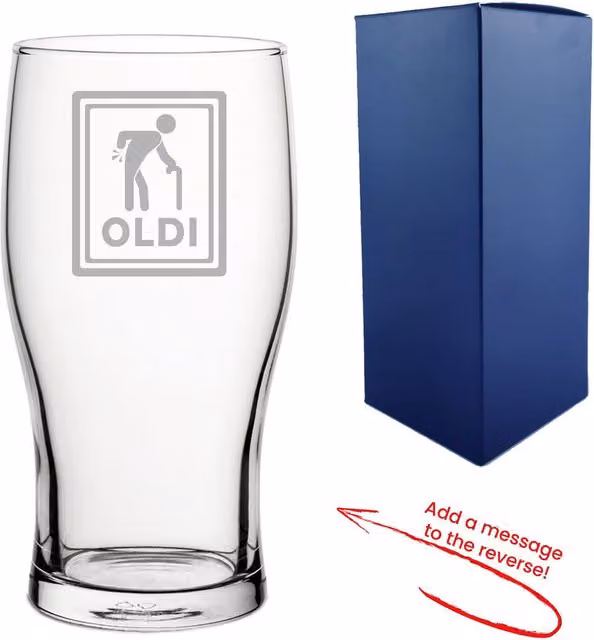 Uniqueful Personalised Oldi Design Reverse Message Pint Glass in Clear